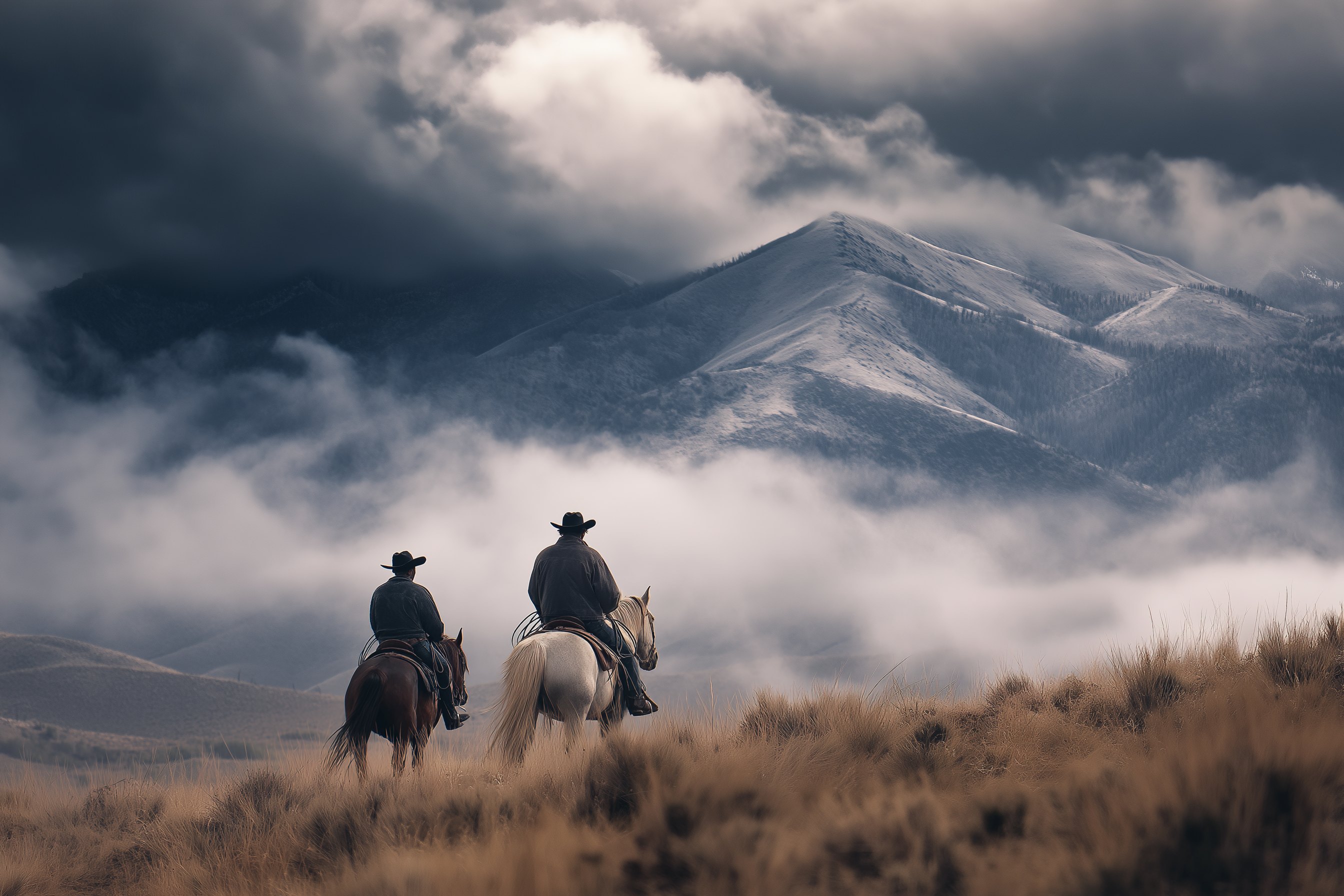 Wyoming cowboys riding through scenic mountains